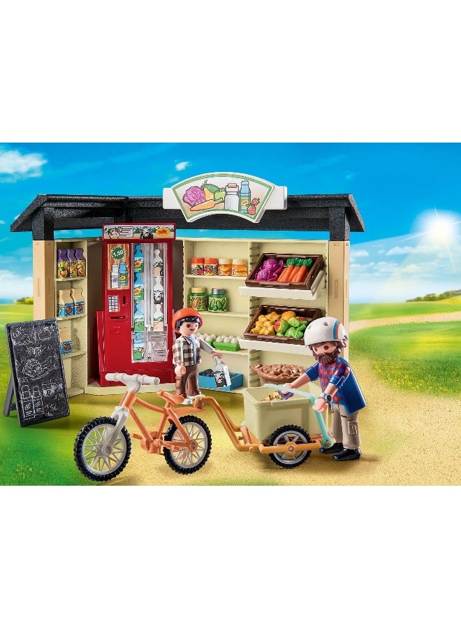 Playmobil 71250 Country farm shop, bike with trailer, organic farm food grocery shop, sustainable toy for children ages 4+