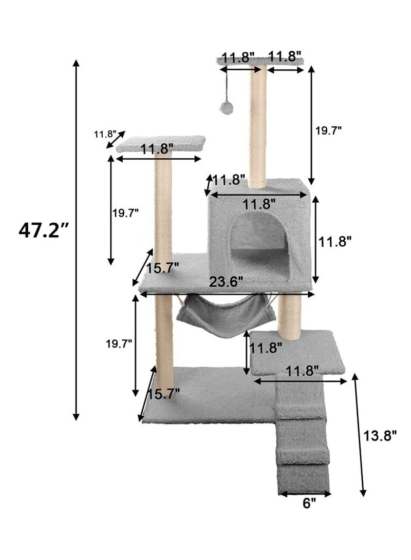 Cat Tree with Toy, Cat Tower condo for Indoor Cats, Cat House with Padded Plush Perch, Cozy Hammock and Sisal Scratching Posts, Light Gray