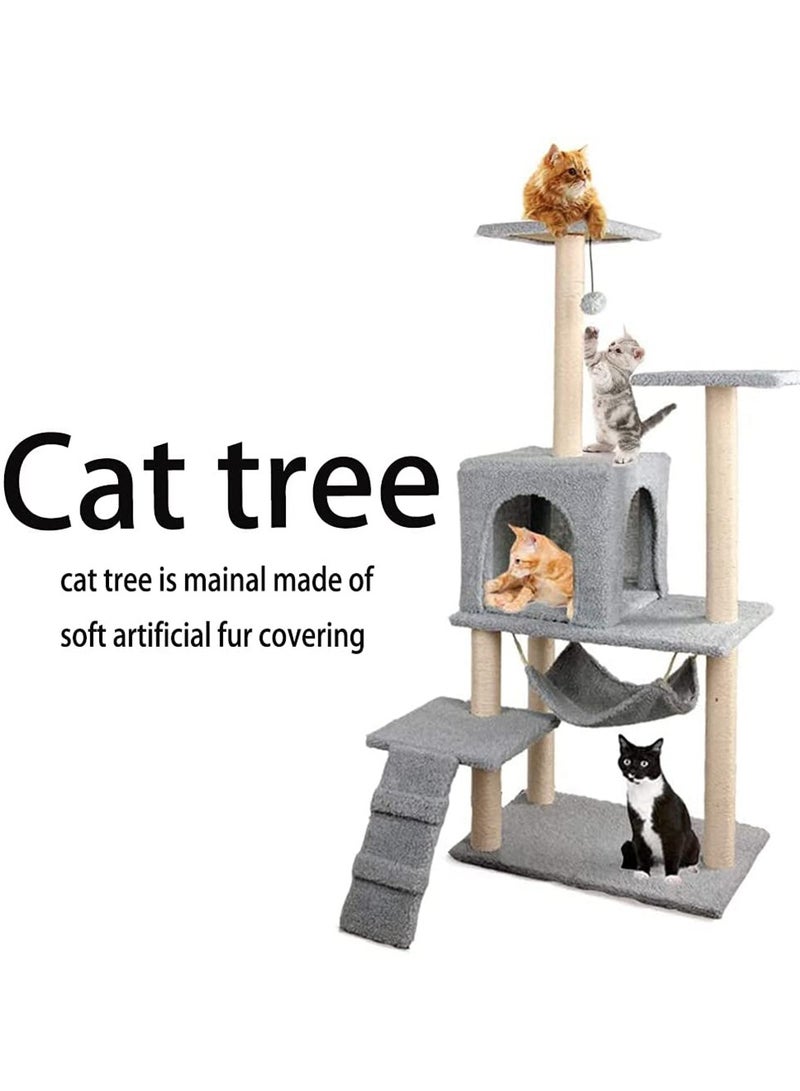 Cat Tree with Toy, Cat Tower condo for Indoor Cats, Cat House with Padded Plush Perch, Cozy Hammock and Sisal Scratching Posts, Light Gray