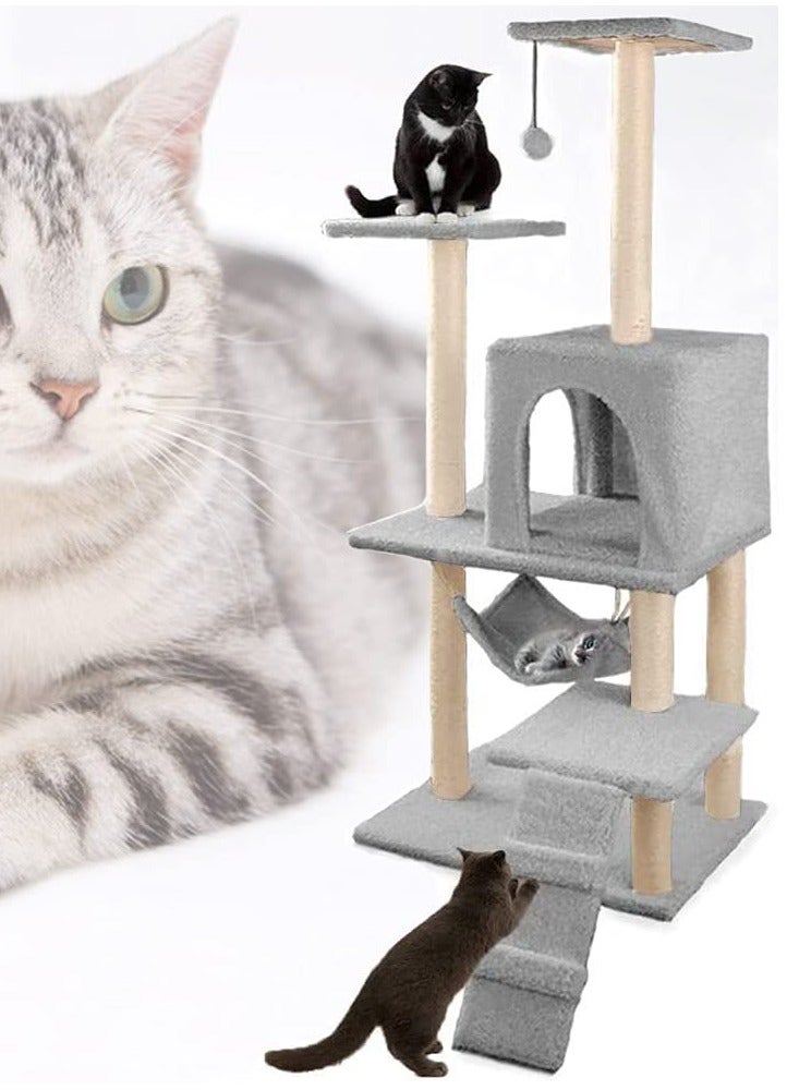 Cat Tree with Toy, Cat Tower condo for Indoor Cats, Cat House with Padded Plush Perch, Cozy Hammock and Sisal Scratching Posts, Light Gray