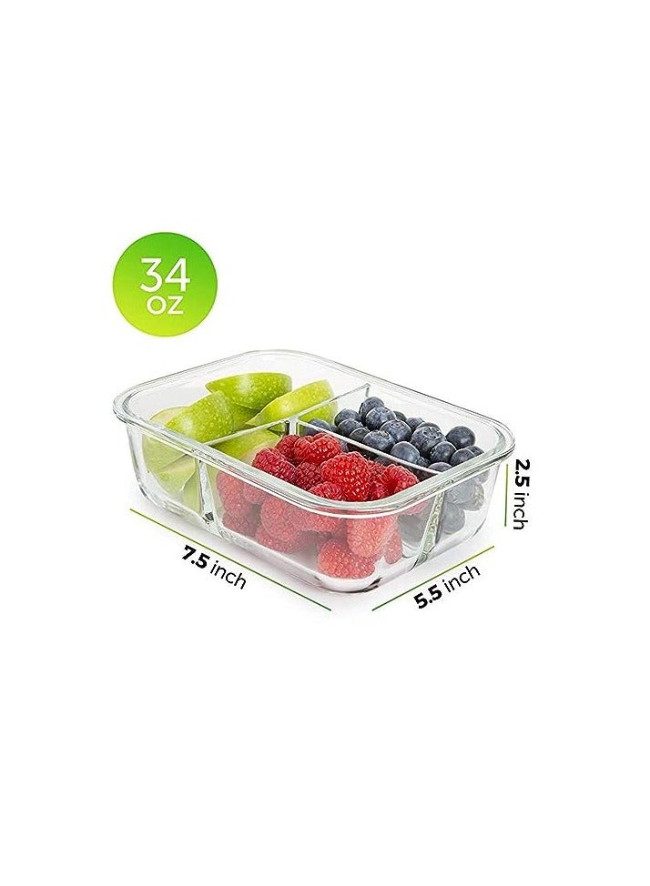 Glass Meal Prep Containers Glass 3 Compartment- Glass Food Storage Containers - Glass Storage Containers with Lids