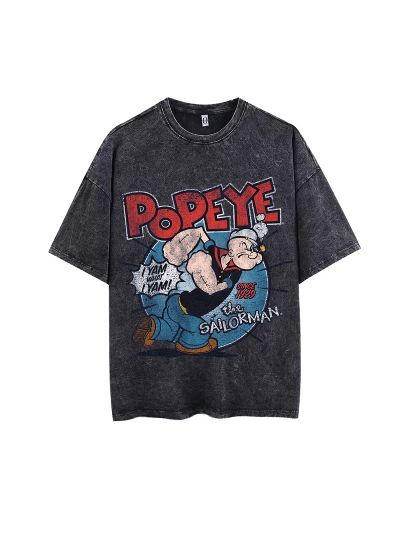 Unisex Popeye Graphic Vintage Black Acid Wash T-Shirt