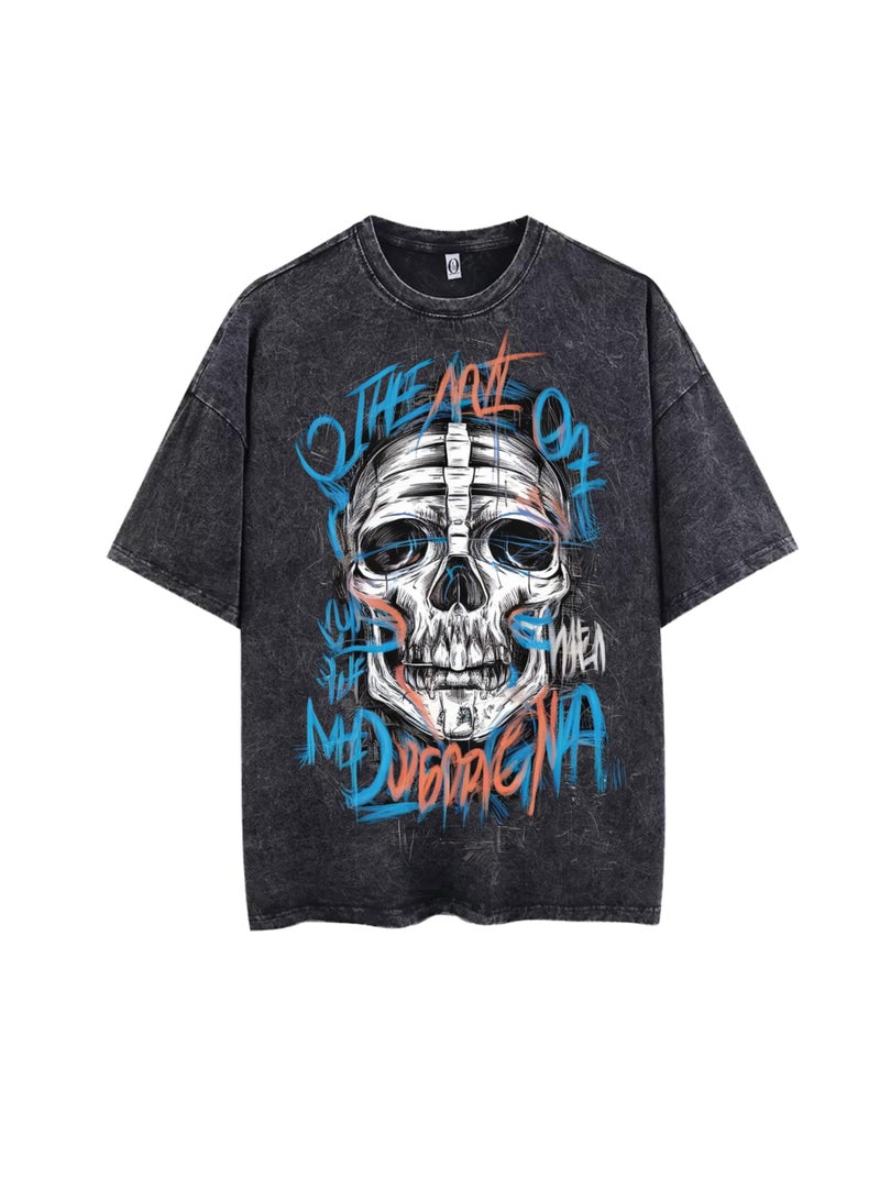 Black Acid Wash Men's Graphic Skull Print Vintage Oversized T-Shirt