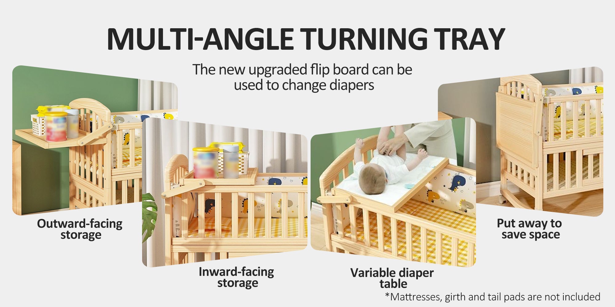 Multifunctional Baby Bed Wood Baby Bedside Crib with Foldable Storage Board