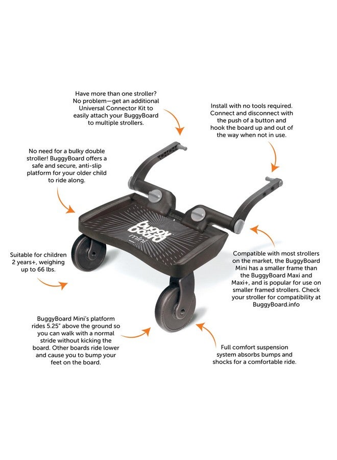 Buggyboard Mini Universal Stroller Board Fits 90% Of Strollers Including Uppababy Baby Jogger Bugaboo Stroller Attachment For Toddler To Ride & Stand Max Weight 66 Lbs Black