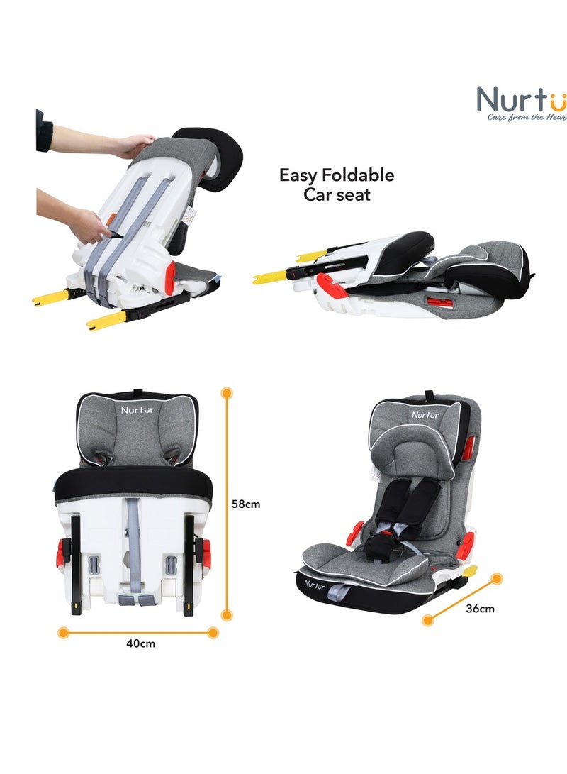 Nurtur Maverick Baby/Kids Compact Foldable Car Seat - 5-Point Safety Harness ISOFIX 10-level Adjustable Headrest 9 months to 12 years, , Grey