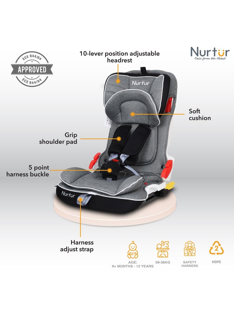 Nurtur Maverick Baby/Kids Compact Foldable Car Seat - 5-Point Safety Harness ISOFIX 10-level Adjustable Headrest 9 months to 12 years, , Grey