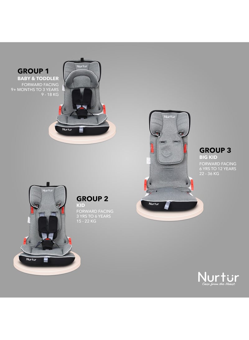 Nurtur Maverick Baby/Kids Compact Foldable Car Seat - 5-Point Safety Harness ISOFIX 10-level Adjustable Headrest 9 months to 12 years, , Grey