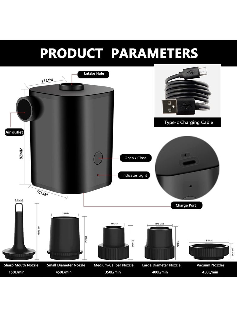Portable Air Pump, Rechargeable Air Pump with USB, Quick Inflate Deflate for Air Mattress, Pool Toys, Floats, Swimming Ring, Air Bed, Vacuum Storage Bags