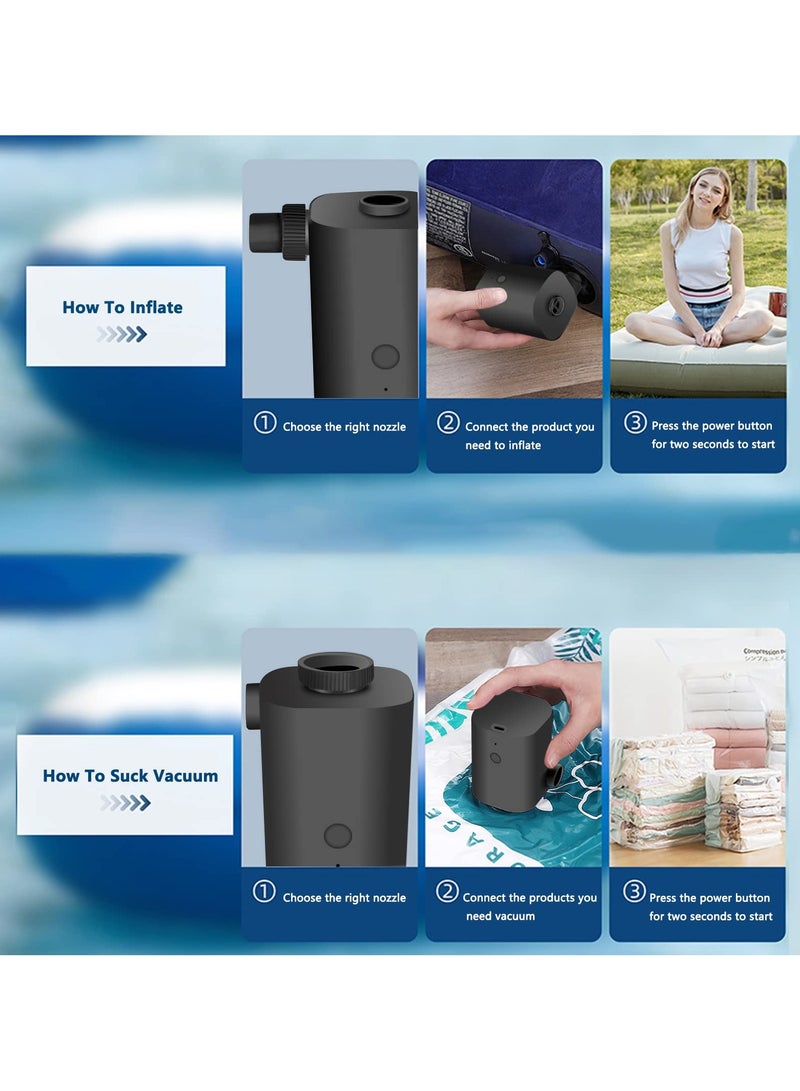 Portable Air Pump, Rechargeable Air Pump with USB, Quick Inflate Deflate for Air Mattress, Pool Toys, Floats, Swimming Ring, Air Bed, Vacuum Storage Bags