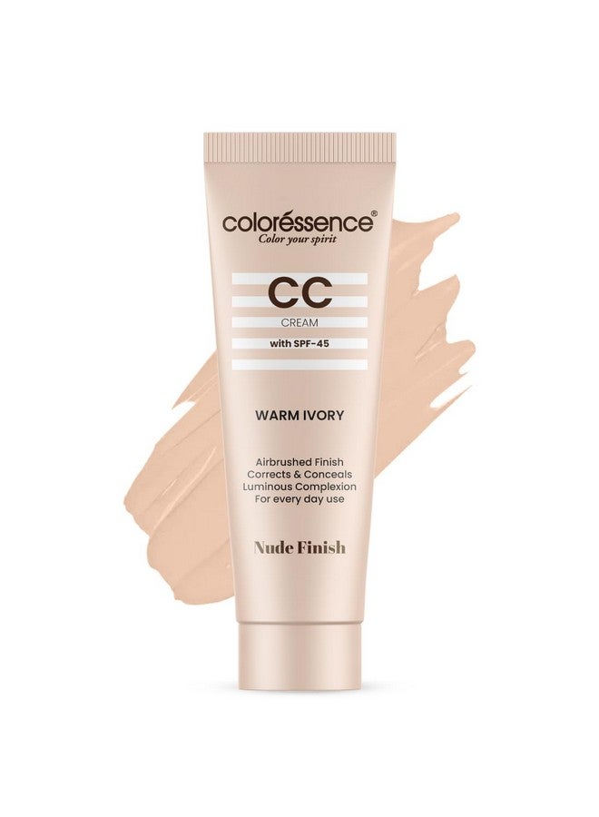 Face Cc Cream With Spf-45 For Instant Brightening & Glow | Corrects & Conceals | Medium Coverage Nude Finish Skin Tint | With Free Lip Smoothie | Warm Ivory