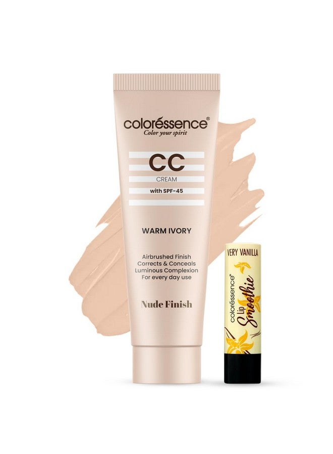 Face Cc Cream With Spf-45 For Instant Brightening & Glow | Corrects & Conceals | Medium Coverage Nude Finish Skin Tint | With Free Lip Smoothie | Warm Ivory