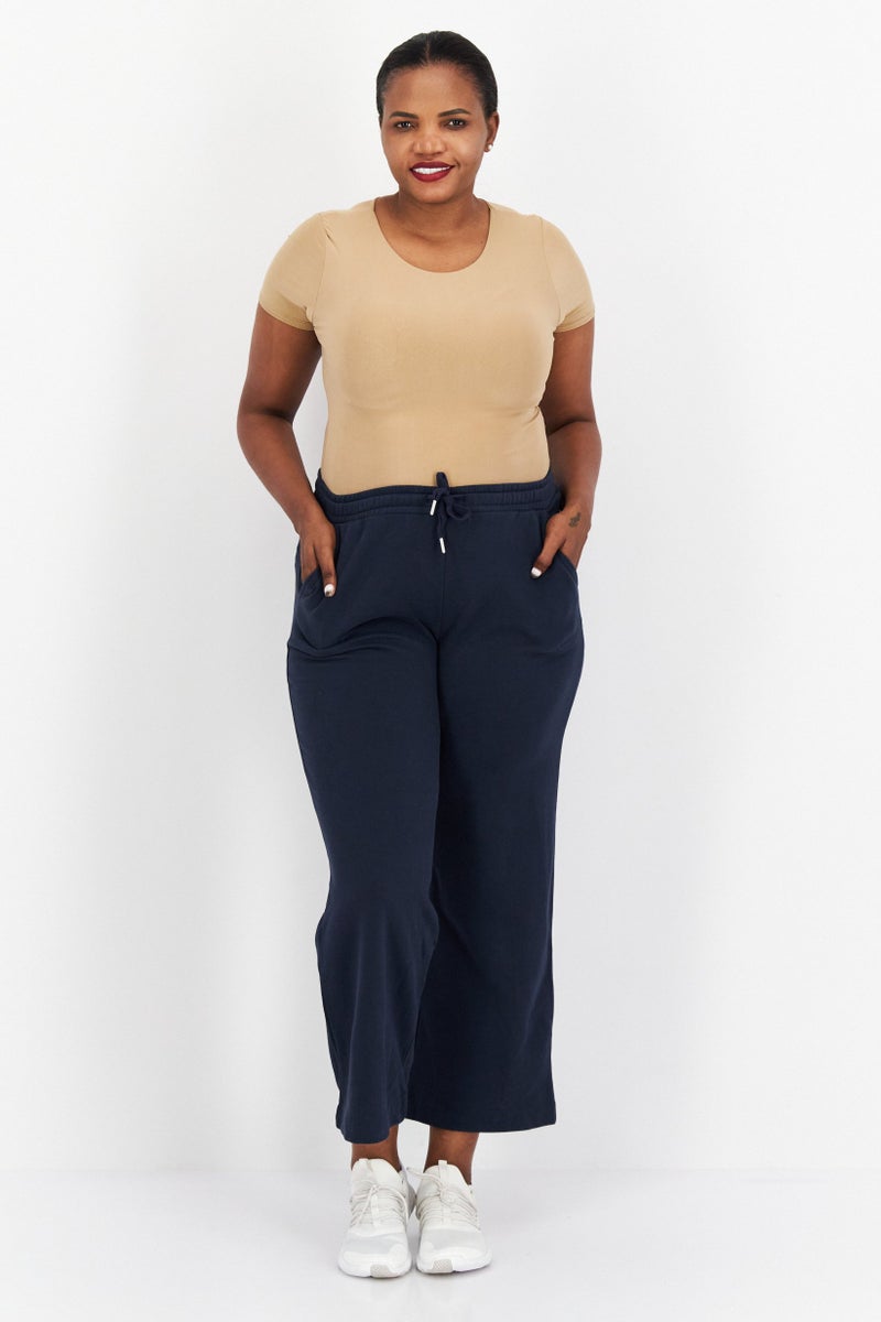 Women Regular Fit Plain Drawstring Wide Leg Pant, Blue