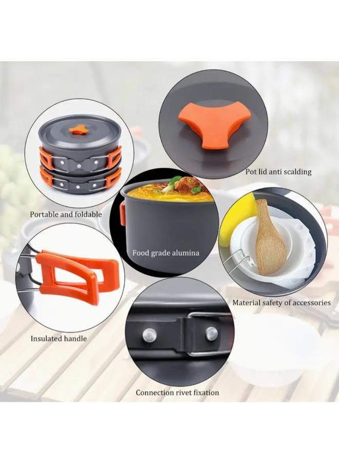 Set of Outdoor Camping Cookware, Including Pots and Frying Pan (accessories Including 5 Small Bowls, 2 Plates,1 Big Plate Small Bamboo Spatula, Soup Ladle, Cleaning Sponge, Storage Bag)