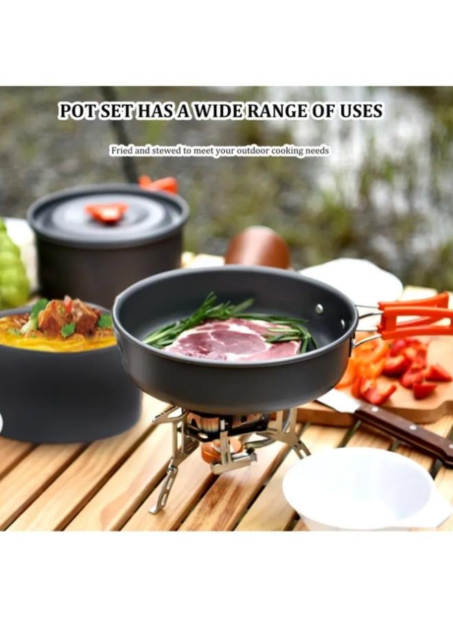 Set of Outdoor Camping Cookware, Including Pots and Frying Pan (accessories Including 5 Small Bowls, 2 Plates,1 Big Plate Small Bamboo Spatula, Soup Ladle, Cleaning Sponge, Storage Bag)