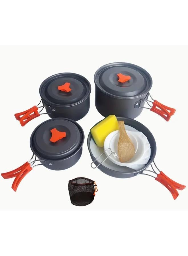 Set of Outdoor Camping Cookware, Including Pots and Frying Pan (accessories Including 5 Small Bowls, 2 Plates,1 Big Plate Small Bamboo Spatula, Soup Ladle, Cleaning Sponge, Storage Bag)