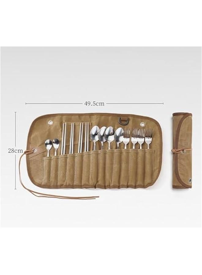 Outdoor Tableware Storage Bag, Flatware Organizers, Cutlery Roll Camping Utensil Bag for Barbecue, 14 Hole, 42cmx26.4cm