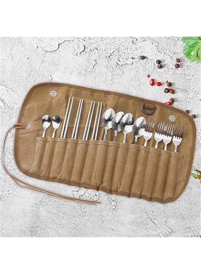 Outdoor Tableware Storage Bag, Flatware Organizers, Cutlery Roll Camping Utensil Bag for Barbecue, 14 Hole, 42cmx26.4cm