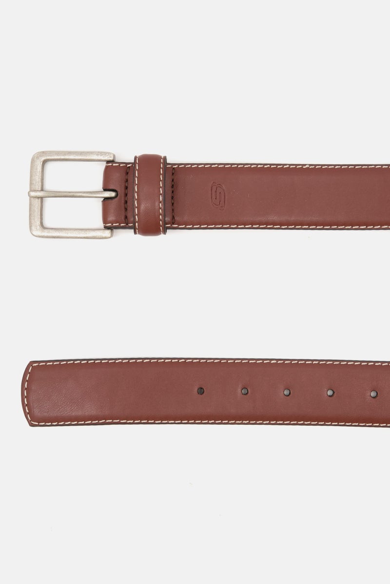 Men Contrast Stitch Leather Belts, Brown