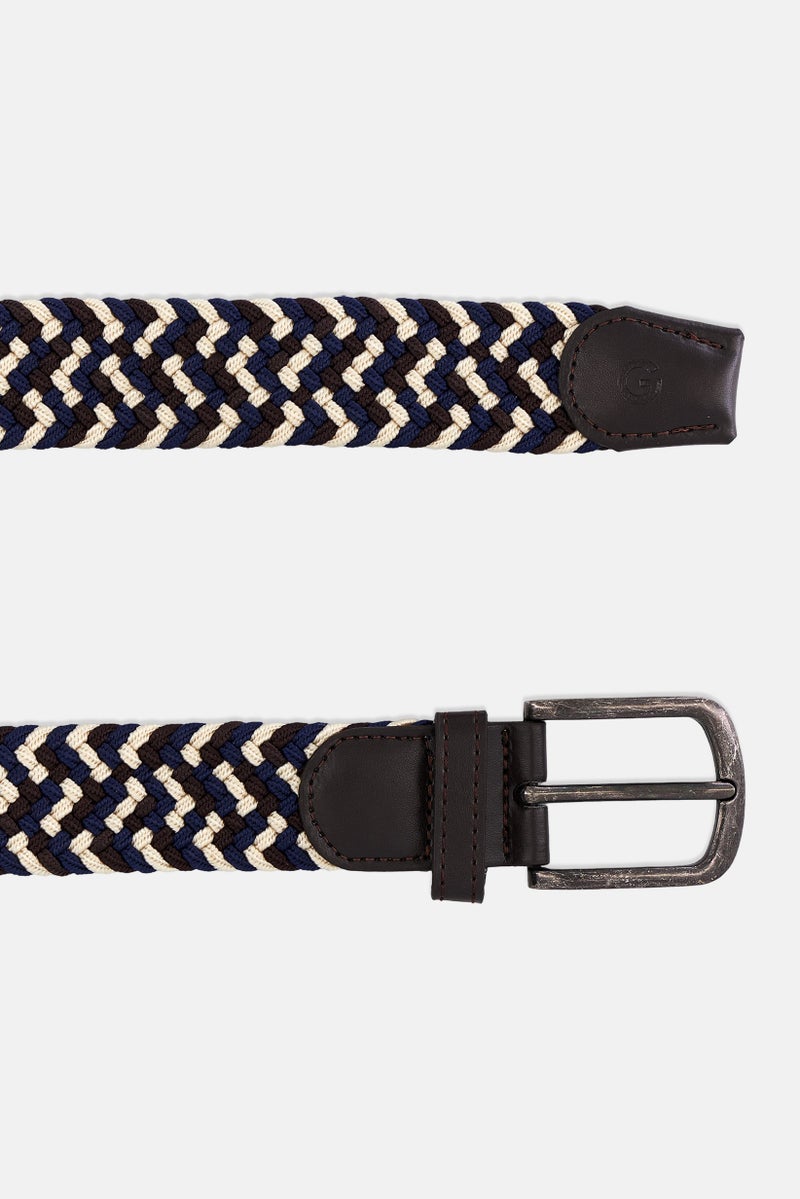 Men Textured Belt, Navy/Brown/Off White