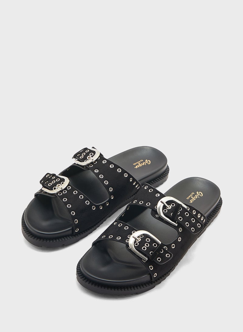 Eyelet Detail Double Strap Flat Sandal