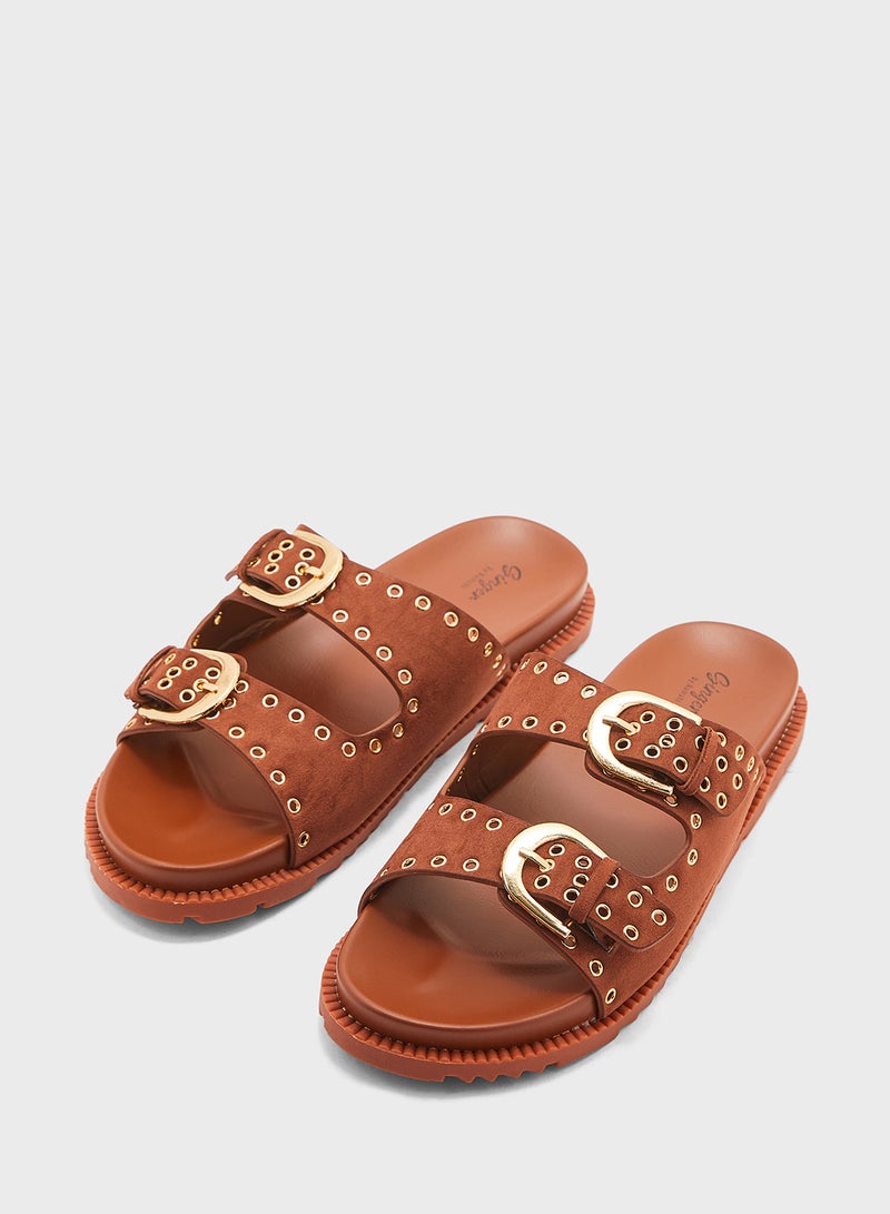 Eyelet Detail Double Strap Flat Sandal