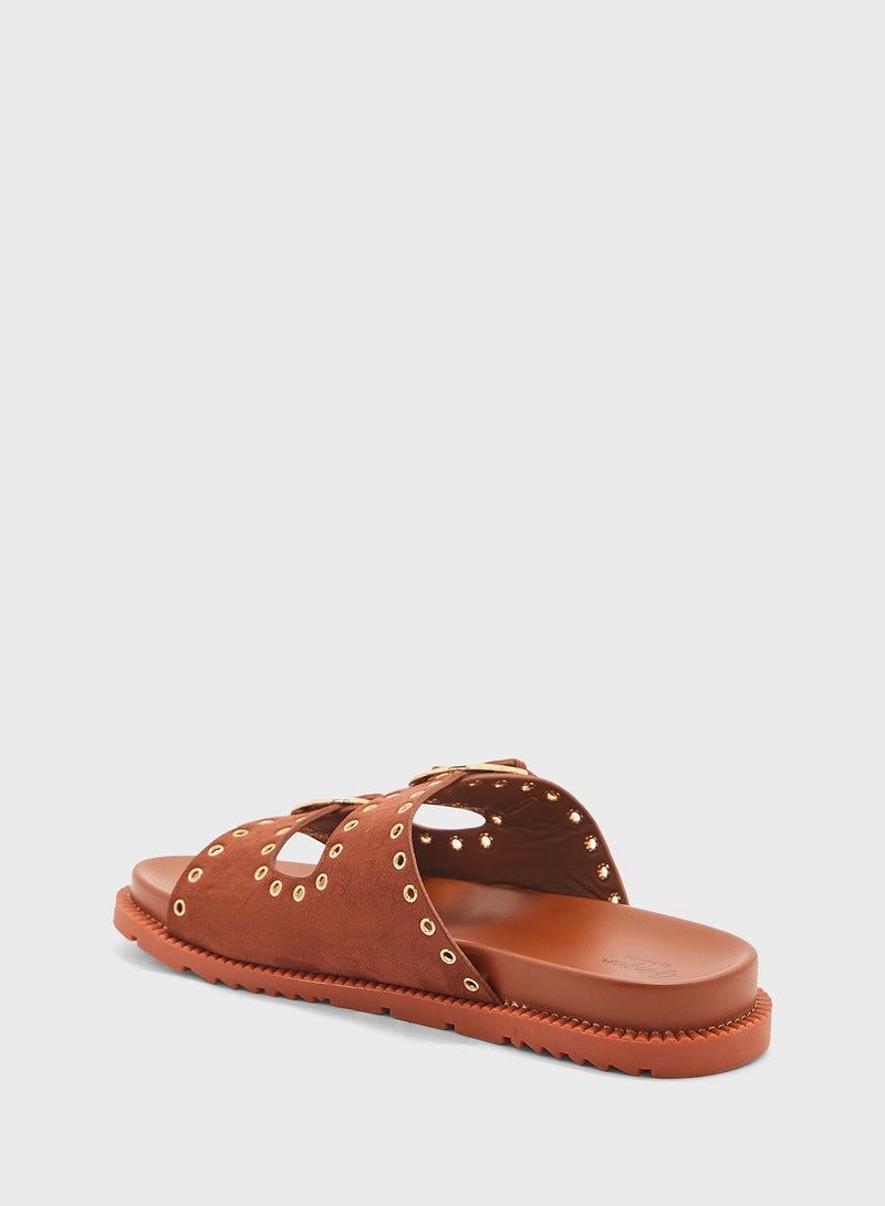 Eyelet Detail Double Strap Flat Sandal