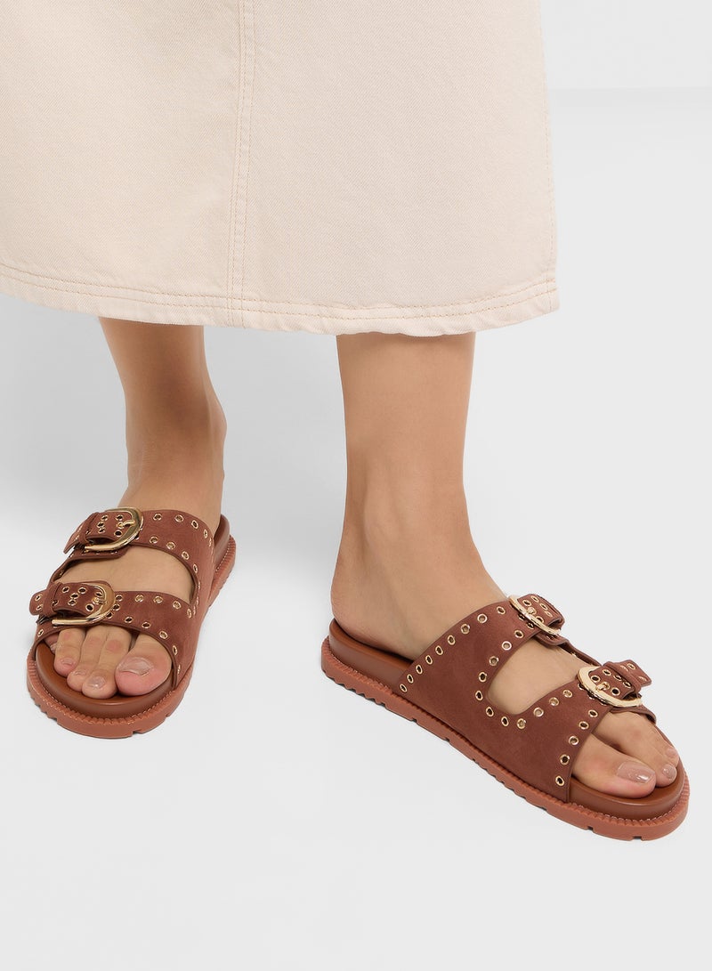 Eyelet Detail Double Strap Flat Sandal