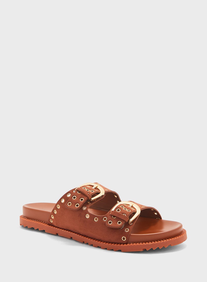 Eyelet Detail Double Strap Flat Sandal