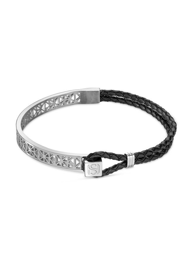 Champ De Mars Mens Black Leather & Stainless Steel Thin Bracelet 50x60Mm - B49 1N