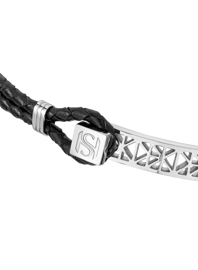 Champ De Mars Mens Black Leather & Stainless Steel Thin Bracelet 50x60Mm - B49 1N