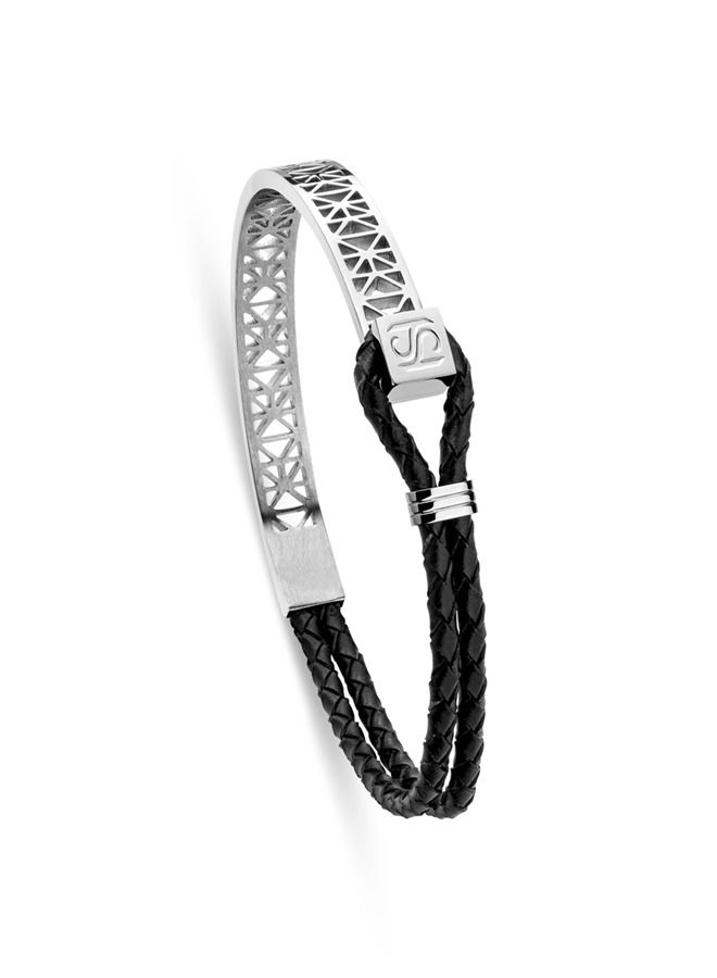 Champ De Mars Mens Black Leather & Stainless Steel Thin Bracelet 50x60Mm - B49 1N