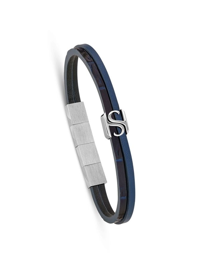 Logo Mens Navy Blue Leather Bracelet 190+20Mm - B47 1D