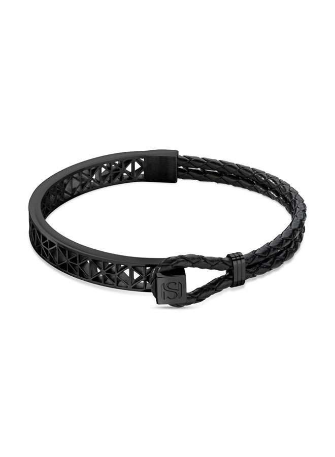 Champ De Mars Mens Black Leather & Stainless Steel Thick Bracelet 50x60Mm - B50 7N