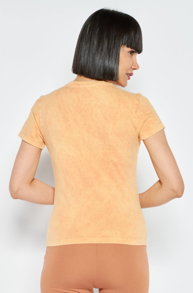 Women Round Neck Short Sleeves Plain T-Shirt, Orange