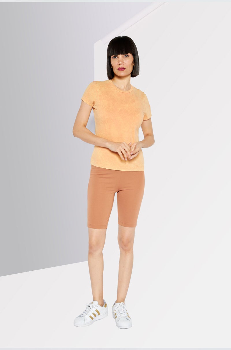 Women Round Neck Short Sleeves Plain T-Shirt, Orange