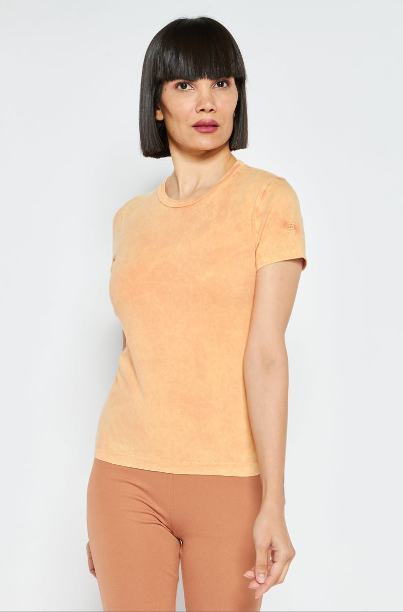 Women Round Neck Short Sleeves Plain T-Shirt, Orange
