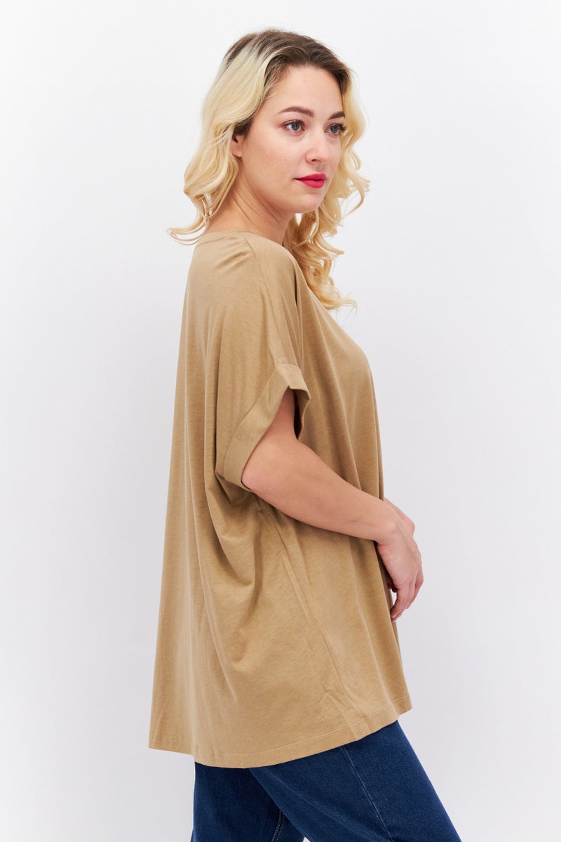 Women Scoop Neck Short Sleeve Solid T Shirt, Brown