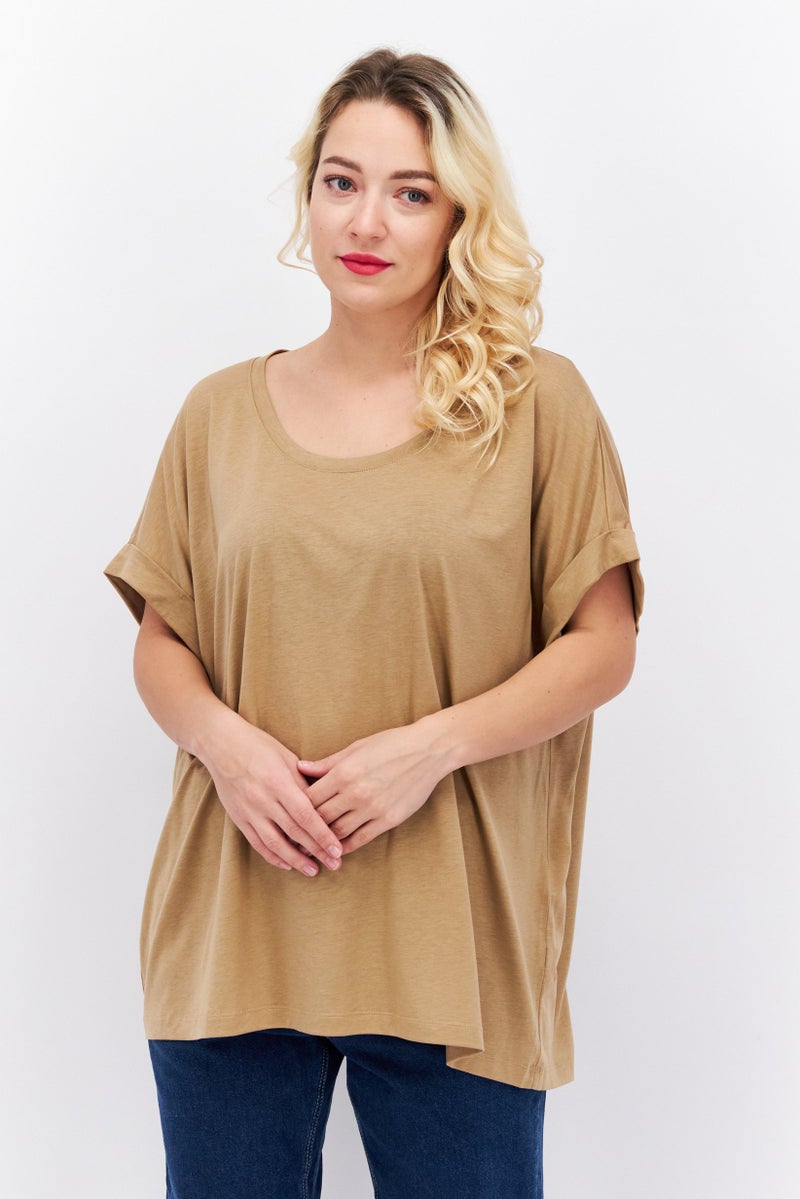 Women Scoop Neck Short Sleeve Solid T Shirt, Brown