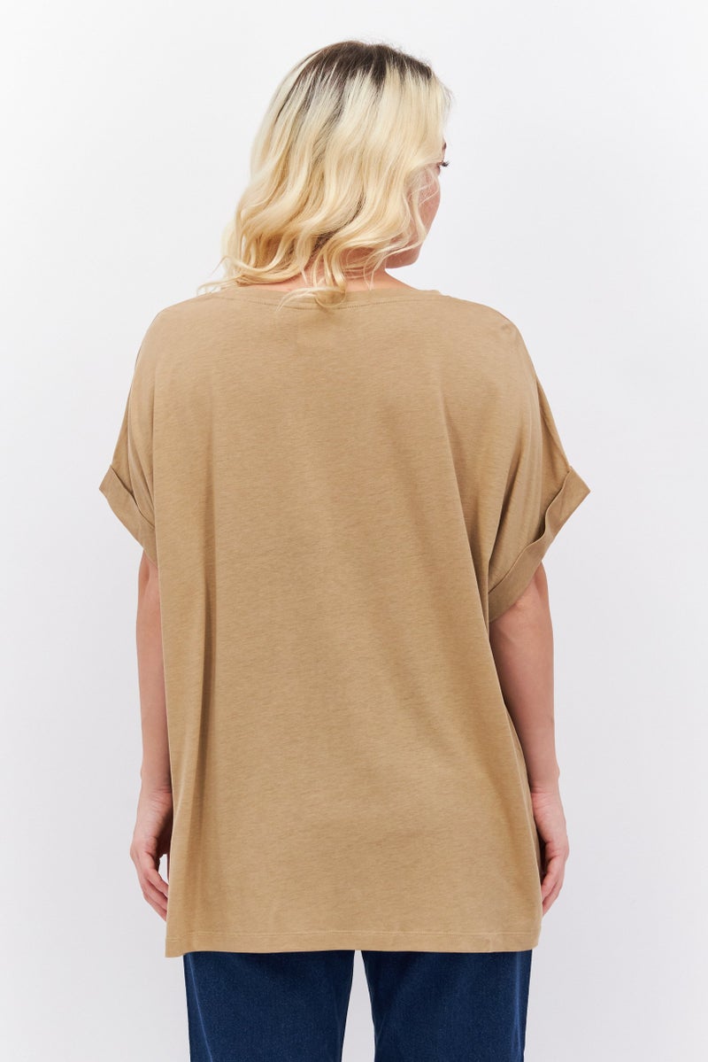 Women Scoop Neck Short Sleeve Solid T Shirt, Brown