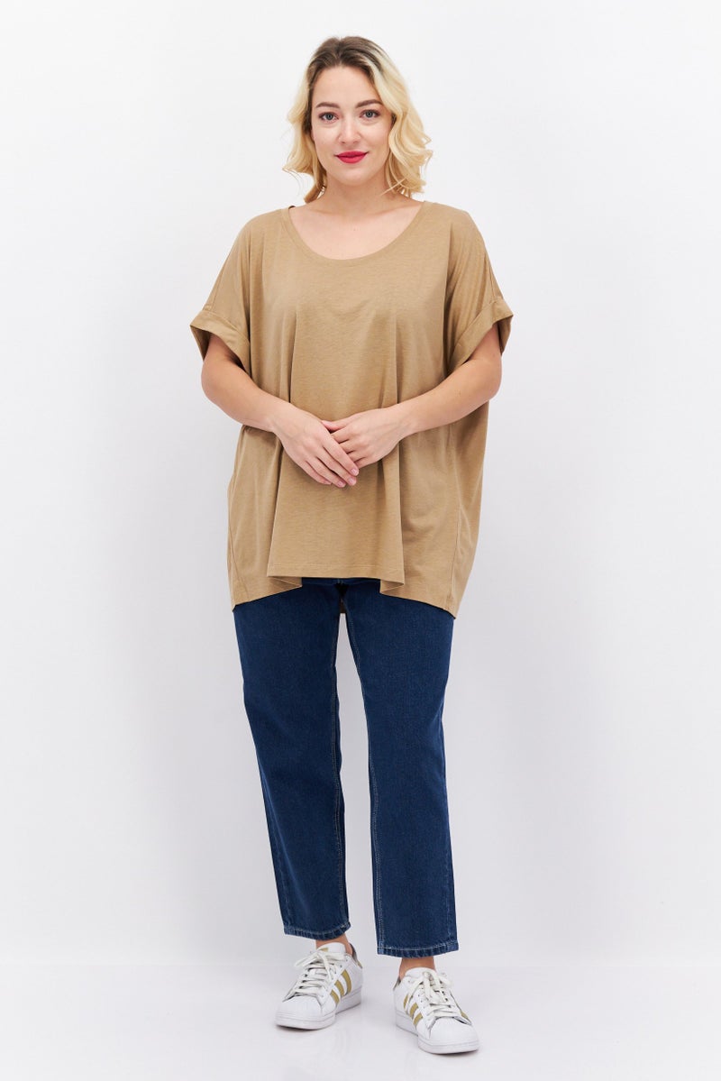 Women Scoop Neck Short Sleeve Solid T Shirt, Brown