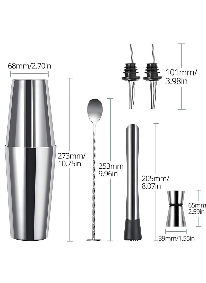 6-Piece Boston Cocktail Shaker Set – Premium Stainless Steel Mixing Tools for Home and Professional Bartenders