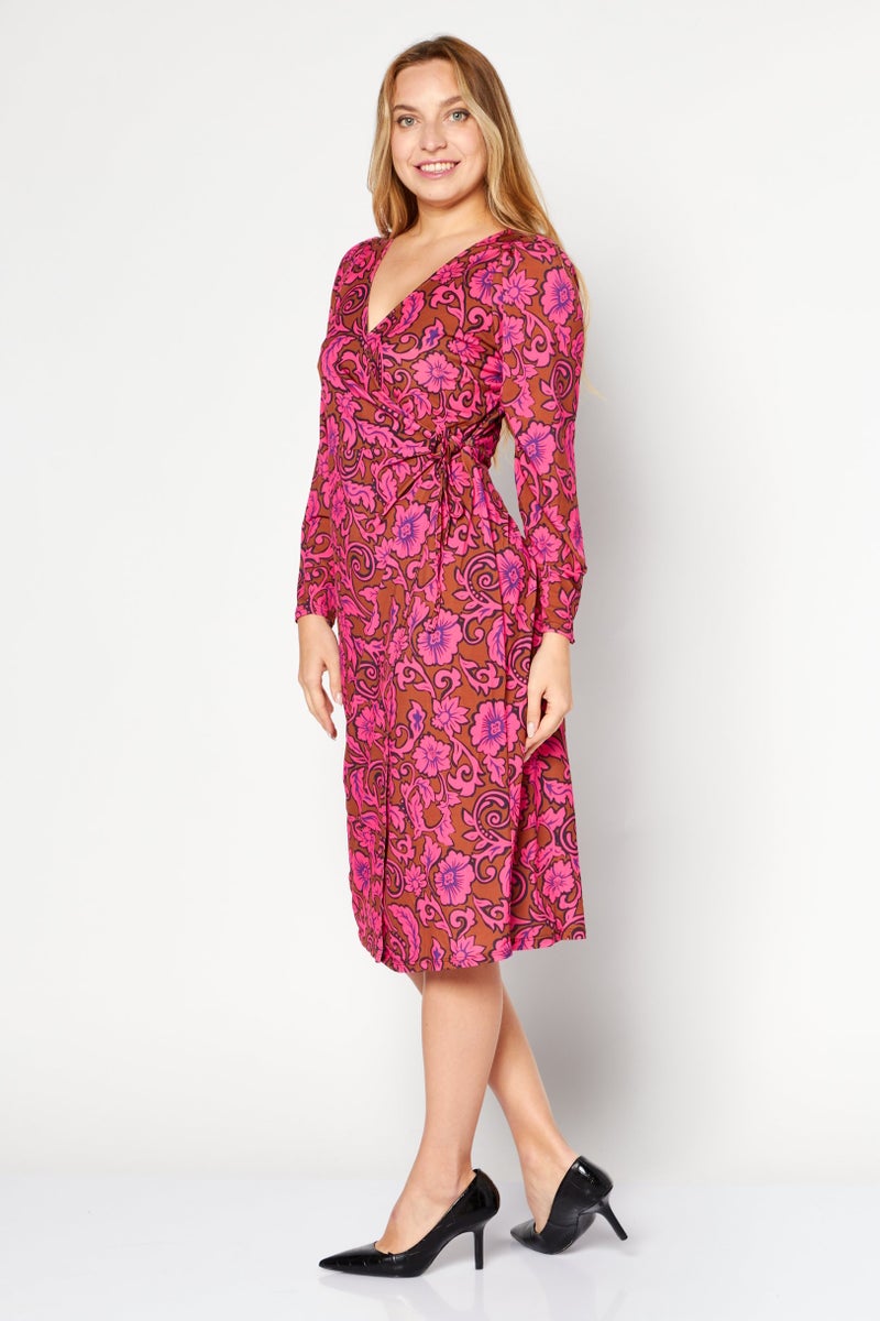 Women Petite Floral Printed Midi Dress, Pink Combo