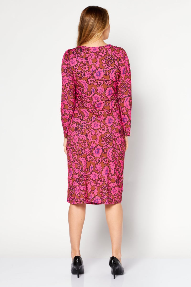 Women Petite Floral Printed Midi Dress, Pink Combo