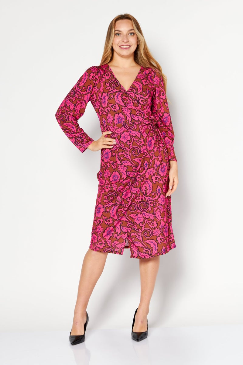 Women Petite Floral Printed Midi Dress, Pink Combo