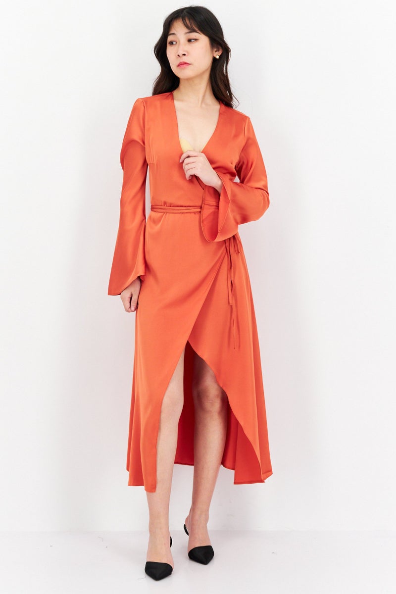 Women Solid Satin Wrap Midi Dress, Rust