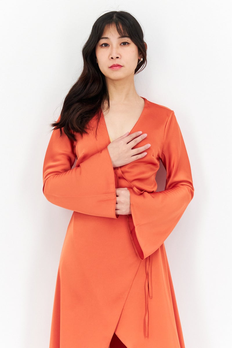 Women Solid Satin Wrap Midi Dress, Rust