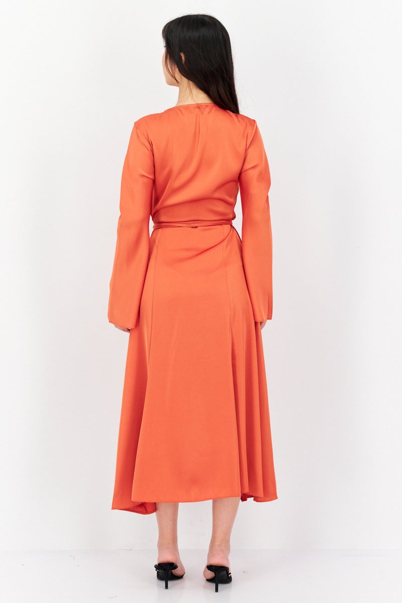 Women Solid Satin Wrap Midi Dress, Rust