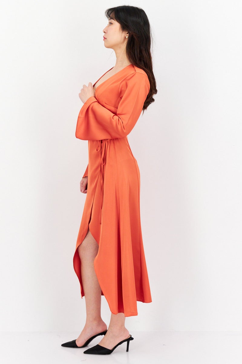 Women Solid Satin Wrap Midi Dress, Rust