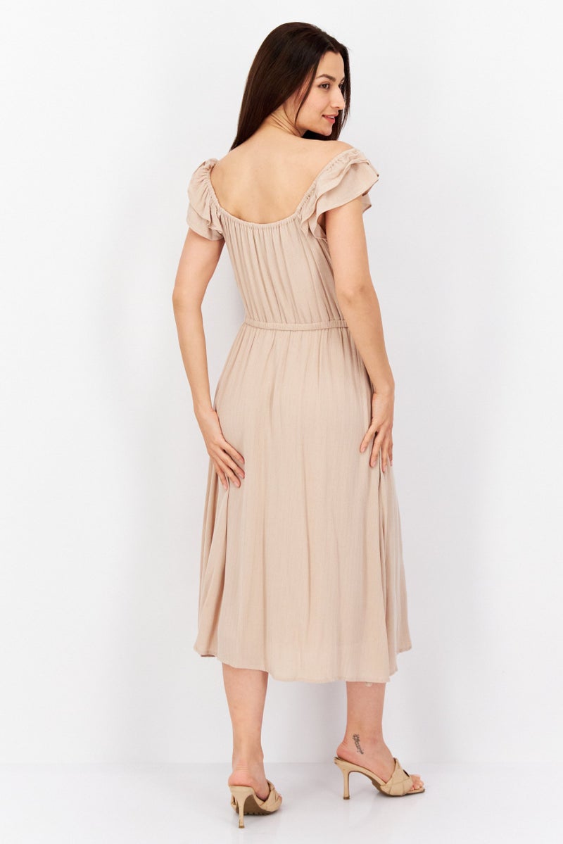 Women Metallic Midi Dress, Beige/Gold